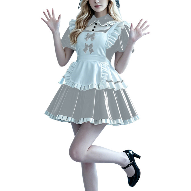 Lolita Anime PVC Sissy Maid Outfit Puff Short Sleeve Pleated French Maid Dress with Apron Halloween Party Club Cosplay Costume