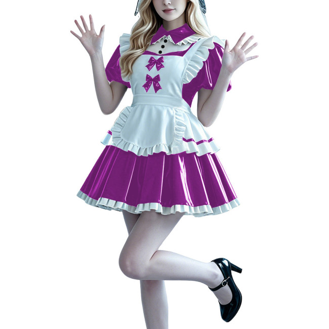 Lolita Anime PVC Sissy Maid Outfit Puff Short Sleeve Pleated French Maid Dress with Apron Halloween Party Club Cosplay Costume