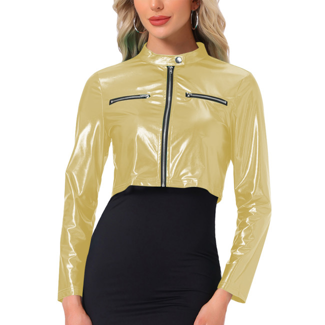 Plus Size Sexy Metallic Shiny Crop Jacket Wetlook Outerwears Long Sleeve Solid Color Short Coats Woman Night Club Party Outfits