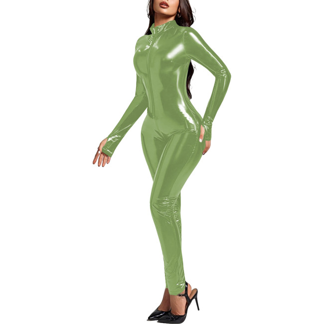 Adult Party Wet Look PVC Catsuit Long Sleeve Shiny PVC Leather Zipepr Mock Neck Bodysuit Tigths Leotard Unisex Cosplay Jumpsuit