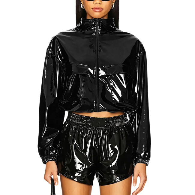 Party Punk PVC Patent Leather Jacket Long Sleeve Zipper Front Crop Jacket Wetlook Loose Short Coat Casual Fashion Top Overcoat