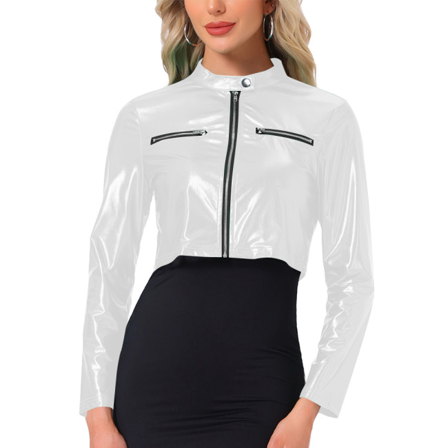 Plus Size Sexy Metallic Shiny Crop Jacket Wetlook Outerwears Long Sleeve Solid Color Short Coats Woman Night Club Party Outfits