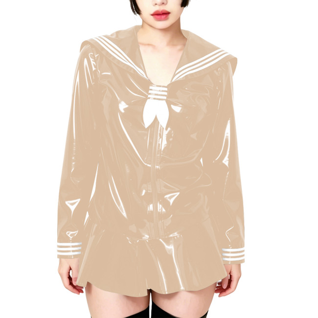 Fetish Shiny PVC Leather Sailor Suit Long-Sleeved Glossy Top and Pleated Miniskirt Cosplay Preppy Uniform Student Dress Sets 7XL