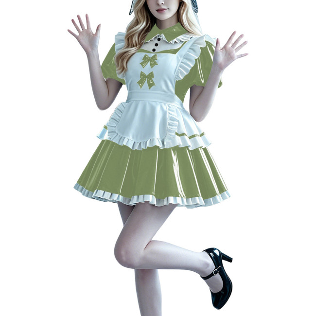 Lolita Anime PVC Sissy Maid Outfit Puff Short Sleeve Pleated French Maid Dress with Apron Halloween Party Club Cosplay Costume