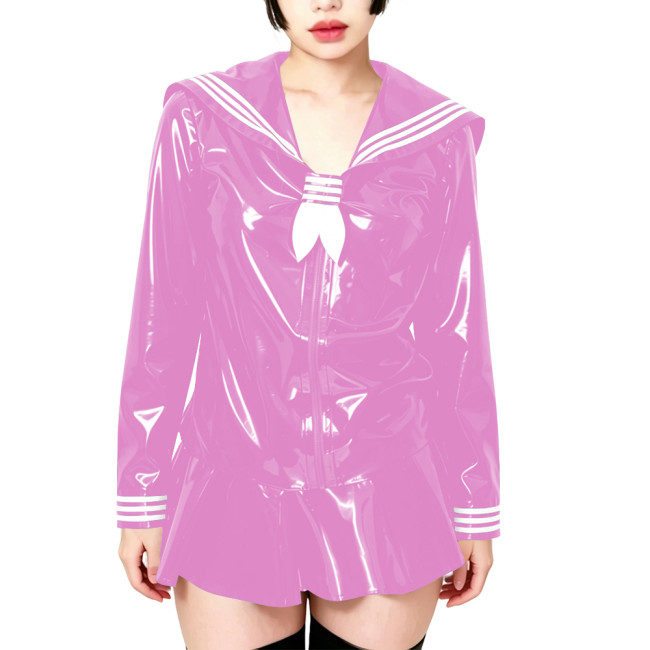 Fetish Shiny PVC Leather Sailor Suit Long-Sleeved Glossy Top and Pleated Miniskirt Cosplay Preppy Uniform Student Dress Sets 7XL