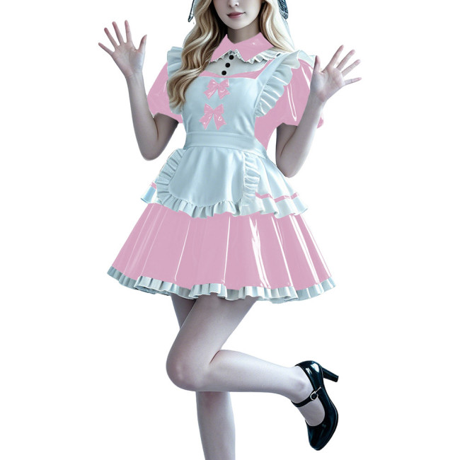 Lolita Anime PVC Sissy Maid Outfit Puff Short Sleeve Pleated French Maid Dress with Apron Halloween Party Club Cosplay Costume