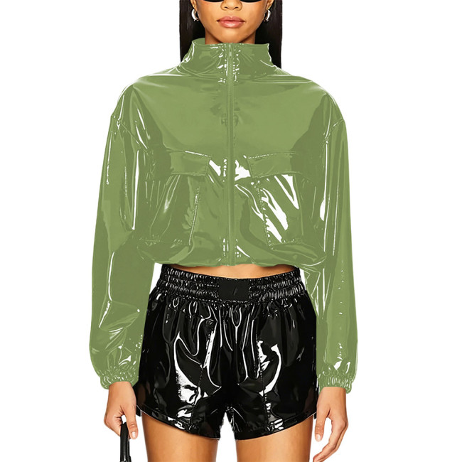 Party Punk PVC Patent Leather Jacket Long Sleeve Zipper Front Crop Jacket Wetlook Loose Short Coat Casual Fashion Top Overcoat