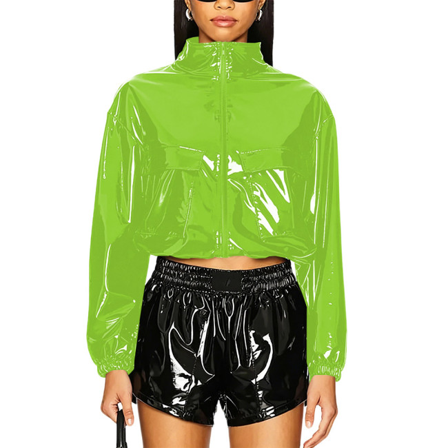 Party Punk PVC Patent Leather Jacket Long Sleeve Zipper Front Crop Jacket Wetlook Loose Short Coat Casual Fashion Top Overcoat