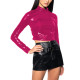Womens Liquid Metallic Long Sleeve T-Shirt Fashion Shiny Slim Fit Mock Neck Crop Tops with Side Ruched Party Club Music Outfits