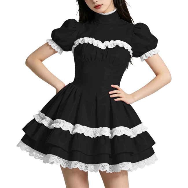 Shiny PVC Mini Prom Dress Puff Sleeves A-Line Short Vintage Evening Gowns Sweet Lockable Cosplay Party Costume Wetlook Clubwear