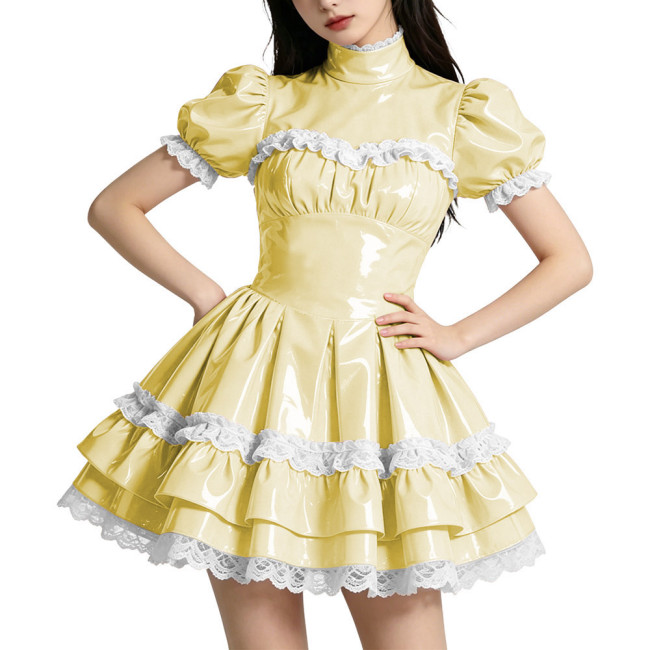 Shiny PVC Mini Prom Dress Puff Sleeves A-Line Short Vintage Evening Gowns Sweet Lockable Cosplay Party Costume Wetlook Clubwear