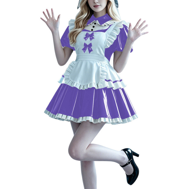 Lolita Anime PVC Sissy Maid Outfit Puff Short Sleeve Pleated French Maid Dress with Apron Halloween Party Club Cosplay Costume