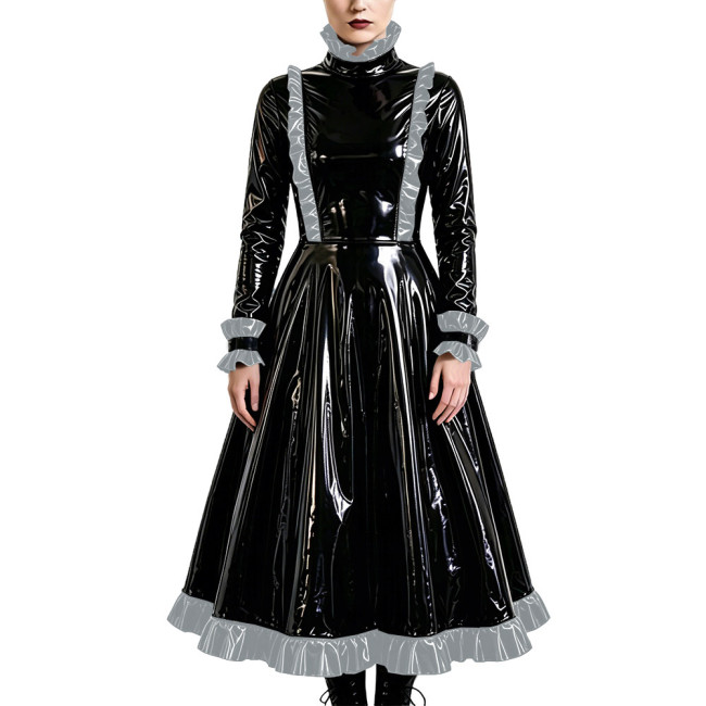 Gothic Elegant Long Pleated Dress Fetish PVC Vinyl Leather High Neck A-line Dress Party Cosplay Long Sleeve Ruffles Maxi Dresses