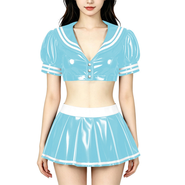Anime PVC Shiny Leather Sailor Suit Party Cosplay Sailor Collar Student Uniform Wetlook Maid Sailor Sweet Role Playing Outfits