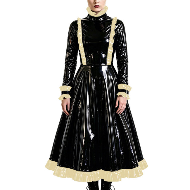 Gothic Elegant Long Pleated Dress Fetish PVC Vinyl Leather High Neck A-line Dress Party Cosplay Long Sleeve Ruffles Maxi Dresses