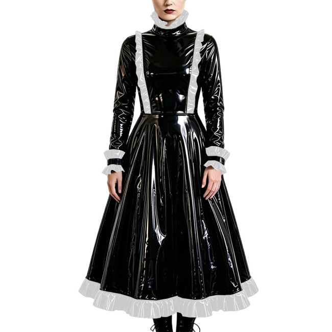 Gothic Elegant Long Pleated Dress Fetish PVC Vinyl Leather High Neck A-line Dress Party Cosplay Long Sleeve Ruffles Maxi Dresses