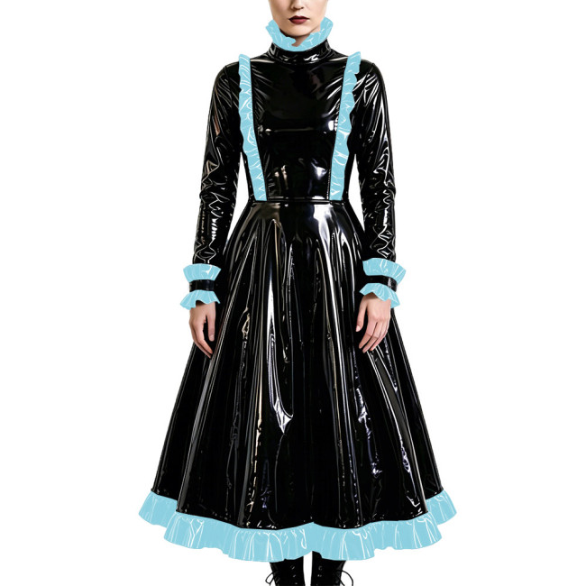 Gothic Elegant Long Pleated Dress Fetish PVC Vinyl Leather High Neck A-line Dress Party Cosplay Long Sleeve Ruffles Maxi Dresses