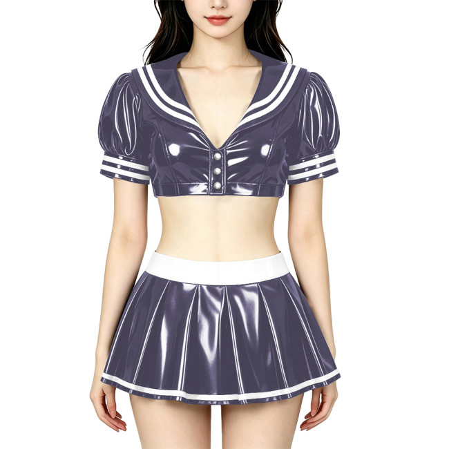 Anime PVC Shiny Leather Sailor Suit Party Cosplay Sailor Collar Student Uniform Wetlook Maid Sailor Sweet Role Playing Outfits