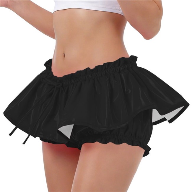 PVC Vinyl Leather Ruffles Shorts Sexy Low-rise Lolita Bloomers Sissy Glossy Solid Color Hot Pants with Skirt Cosplay Costume 7XL