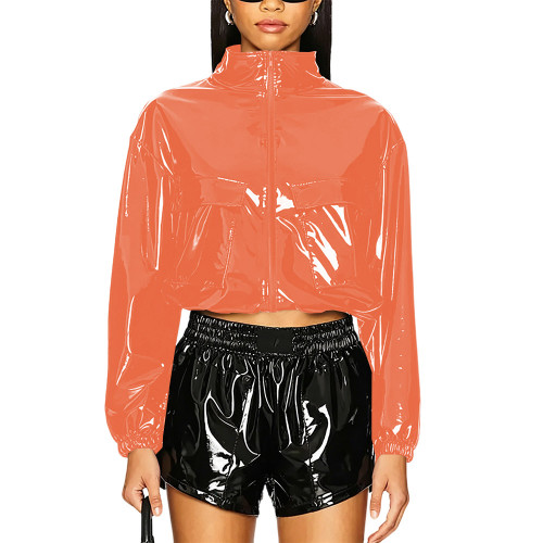 Party Punk PVC Patent Leather Jacket Long Sleeve Zipper Front Crop Jacket Wetlook Loose Short Coat Casual Fashion Top Overcoat
