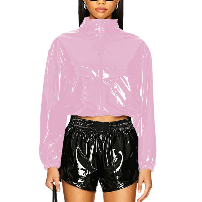 Party Punk PVC Patent Leather Jacket Long Sleeve Zipper Front Crop Jacket Wetlook Loose Short Coat Casual Fashion Top Overcoat