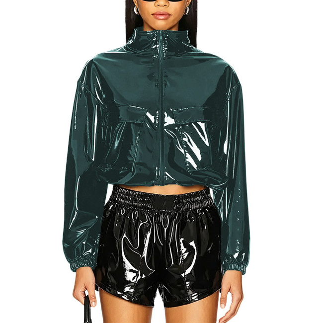 Party Punk PVC Patent Leather Jacket Long Sleeve Zipper Front Crop Jacket Wetlook Loose Short Coat Casual Fashion Top Overcoat