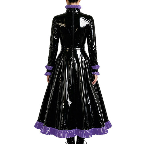 Gothic Elegant Long Pleated Dress Fetish PVC Vinyl Leather High Neck A-line Dress Party Cosplay Long Sleeve Ruffles Maxi Dresses