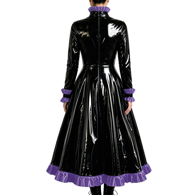 Gothic Elegant Long Pleated Dress Fetish PVC Vinyl Leather High Neck A-line Dress Party Cosplay Long Sleeve Ruffles Maxi Dresses