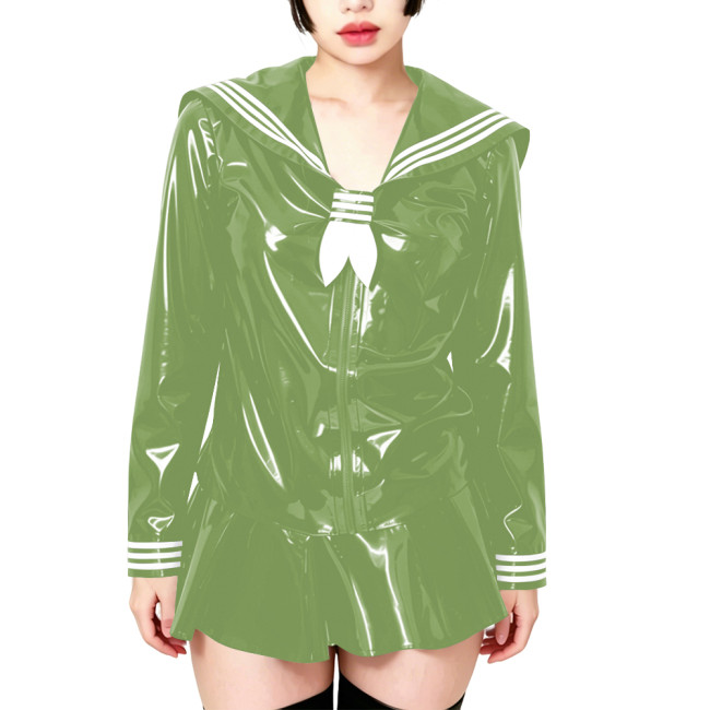 Fetish Shiny PVC Leather Sailor Suit Long-Sleeved Glossy Top and Pleated Miniskirt Cosplay Preppy Uniform Student Dress Sets 7XL