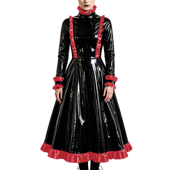 Gothic Elegant Long Pleated Dress Fetish PVC Vinyl Leather High Neck A-line Dress Party Cosplay Long Sleeve Ruffles Maxi Dresses