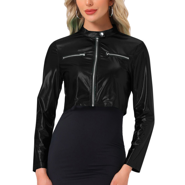 Plus Size Sexy Metallic Shiny Crop Jacket Wetlook Outerwears Long Sleeve Solid Color Short Coats Woman Night Club Party Outfits