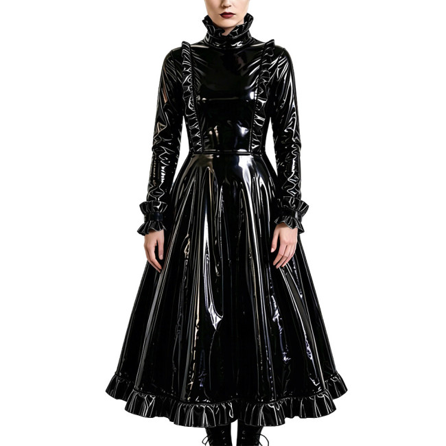 Gothic Elegant Long Pleated Dress Fetish PVC Vinyl Leather High Neck A-line Dress Party Cosplay Long Sleeve Ruffles Maxi Dresses