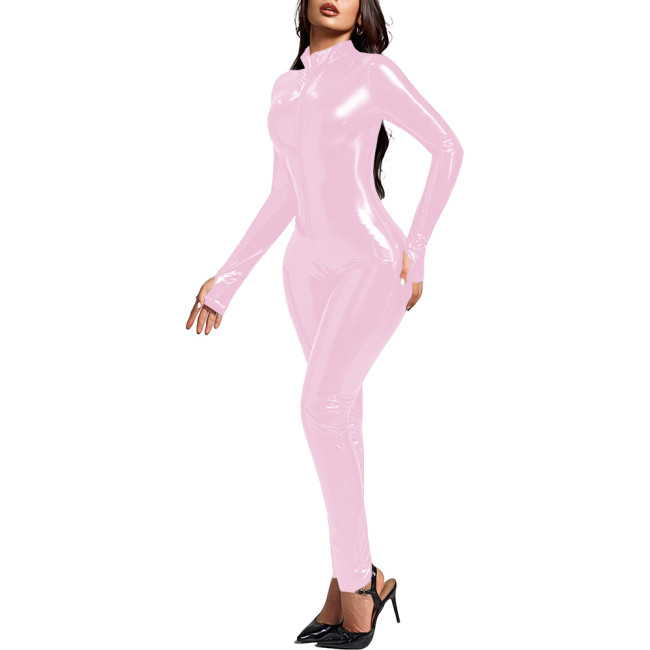 Adult Party Wet Look PVC Catsuit Long Sleeve Shiny PVC Leather Zipepr Mock Neck Bodysuit Tigths Leotard Unisex Cosplay Jumpsuit