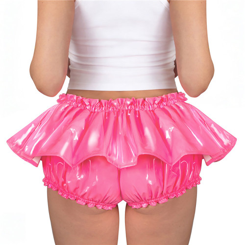 PVC Vinyl Leather Ruffles Shorts Sexy Low-rise Lolita Bloomers Sissy Glossy Solid Color Hot Pants with Skirt Cosplay Costume 7XL