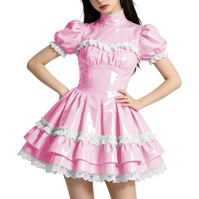 Shiny PVC Mini Prom Dress Puff Sleeves A-Line Short Vintage Evening Gowns Sweet Lockable Cosplay Party Costume Wetlook Clubwear