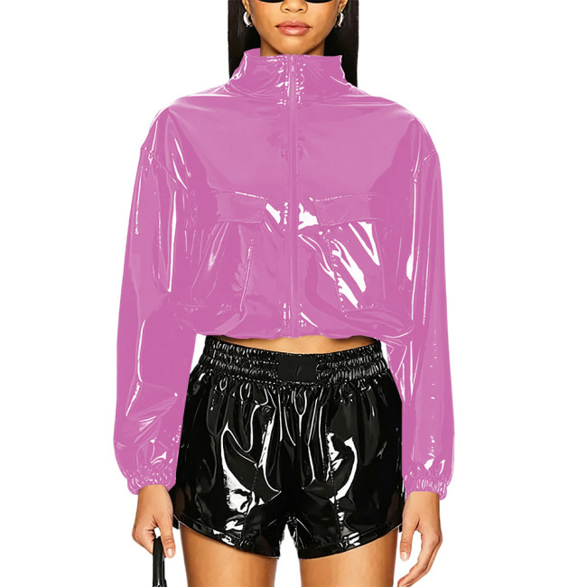 Party Punk PVC Patent Leather Jacket Long Sleeve Zipper Front Crop Jacket Wetlook Loose Short Coat Casual Fashion Top Overcoat