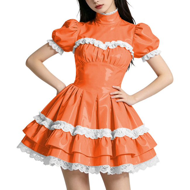 Shiny PVC Mini Prom Dress Puff Sleeves A-Line Short Vintage Evening Gowns Sweet Lockable Cosplay Party Costume Wetlook Clubwear