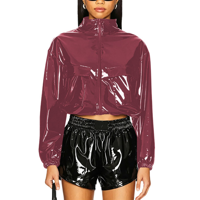 Party Punk PVC Patent Leather Jacket Long Sleeve Zipper Front Crop Jacket Wetlook Loose Short Coat Casual Fashion Top Overcoat