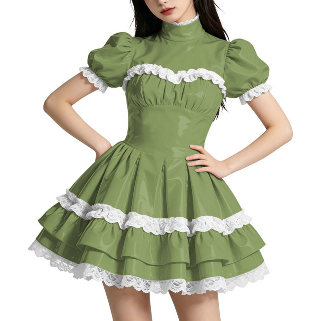 Shiny PVC Mini Prom Dress Puff Sleeves A-Line Short Vintage Evening Gowns Sweet Lockable Cosplay Party Costume Wetlook Clubwear