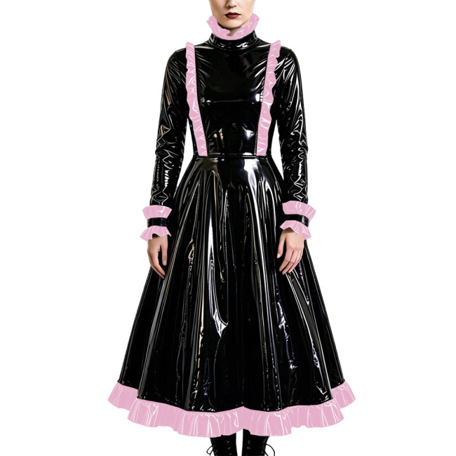 Gothic Elegant Long Pleated Dress Fetish PVC Vinyl Leather High Neck A-line Dress Party Cosplay Long Sleeve Ruffles Maxi Dresses
