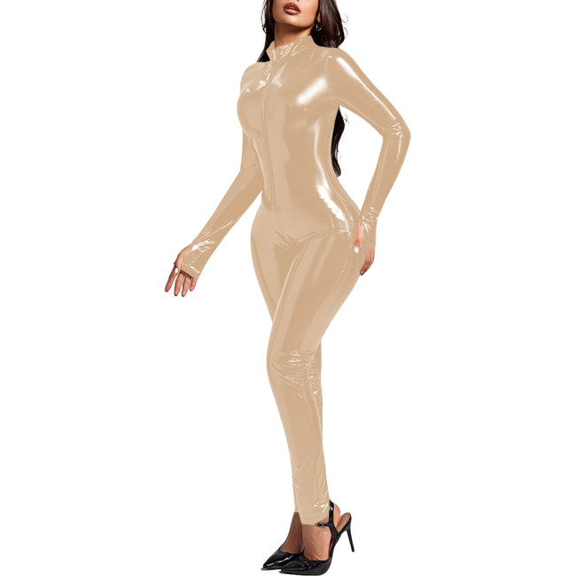 Adult Party Wet Look PVC Catsuit Long Sleeve Shiny PVC Leather Zipepr Mock Neck Bodysuit Tigths Leotard Unisex Cosplay Jumpsuit