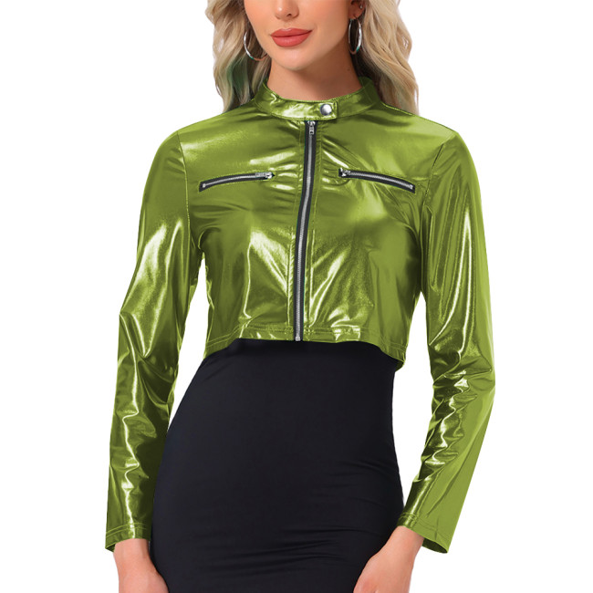 Plus Size Sexy Metallic Shiny Crop Jacket Wetlook Outerwears Long Sleeve Solid Color Short Coats Woman Night Club Party Outfits