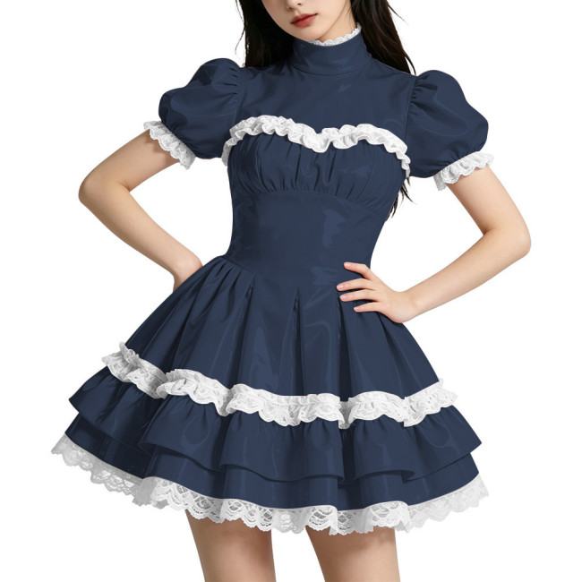 Shiny PVC Mini Prom Dress Puff Sleeves A-Line Short Vintage Evening Gowns Sweet Lockable Cosplay Party Costume Wetlook Clubwear