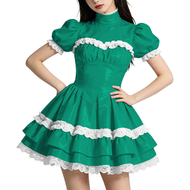 Shiny PVC Mini Prom Dress Puff Sleeves A-Line Short Vintage Evening Gowns Sweet Lockable Cosplay Party Costume Wetlook Clubwear