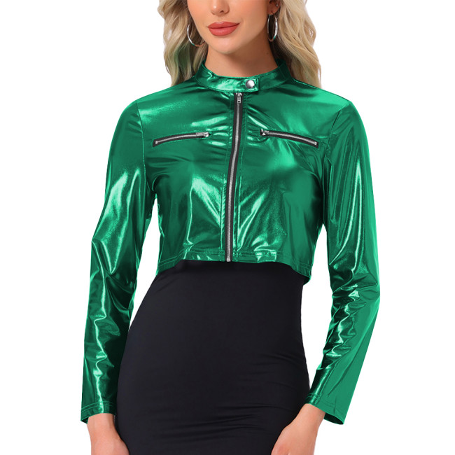 Plus Size Sexy Metallic Shiny Crop Jacket Wetlook Outerwears Long Sleeve Solid Color Short Coats Woman Night Club Party Outfits