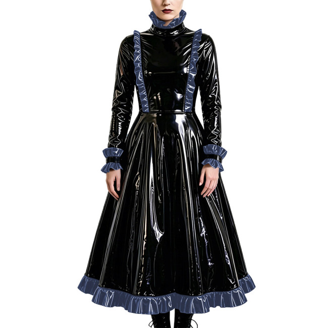 Gothic Elegant Long Pleated Dress Fetish PVC Vinyl Leather High Neck A-line Dress Party Cosplay Long Sleeve Ruffles Maxi Dresses