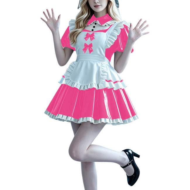 Lolita Anime PVC Sissy Maid Outfit Puff Short Sleeve Pleated French Maid Dress with Apron Halloween Party Club Cosplay Costume