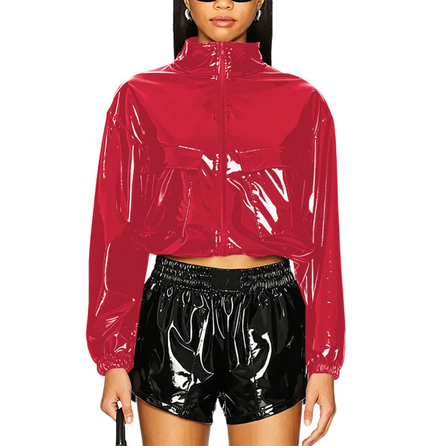 Party Punk PVC Patent Leather Jacket Long Sleeve Zipper Front Crop Jacket Wetlook Loose Short Coat Casual Fashion Top Overcoat