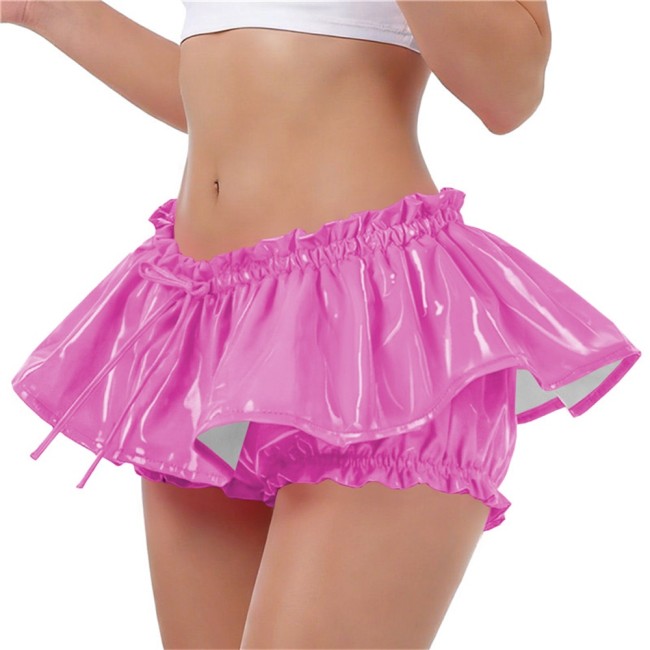 PVC Vinyl Leather Ruffles Shorts Sexy Low-rise Lolita Bloomers Sissy Glossy Solid Color Hot Pants with Skirt Cosplay Costume 7XL