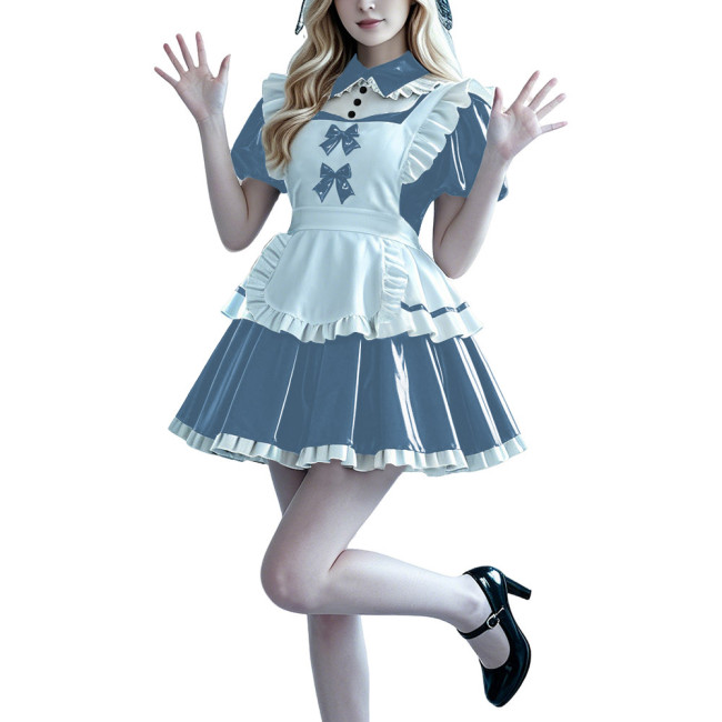 Lolita Anime PVC Sissy Maid Outfit Puff Short Sleeve Pleated French Maid Dress with Apron Halloween Party Club Cosplay Costume